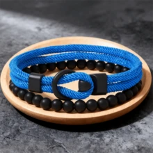 2pcs Men's Bracelet Set, Black Stone Elegant Men's Bracelet, Beaded Bracelet Strap With Powerful And Graceful Vibe, Suitable For Daily Stacking And Gift, Great For Friends - Two-piece Set Of Stones + Custom-made Buckle Bracelet - View 1