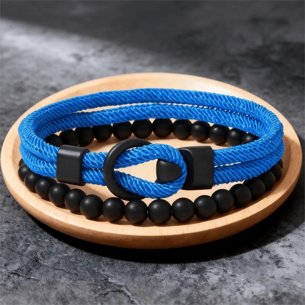 2pcs Men's Bracelet Set, Black Stone Elegant Men's Bracelet, Beaded Bracelet Strap With Powerful And Graceful Vibe, Suitable For Daily Stacking And Gift, Great For Friends - Two-piece Set Of Stones + Custom-made Buckle Bracelet - View 1