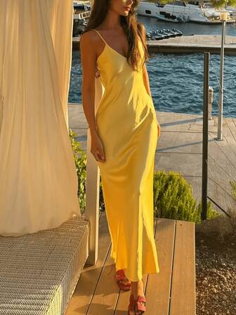 HZXVIC 女性用 新作 無地 エレガントなセクシーVネック スパゲッティストラップ ドレス、ビーチリゾートスタイル