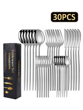 30 piezas Juego de Cubiertos de Acero Inoxidable, Acabado Espejo de Acero Inoxidable Plateado, Adecuado para Reuniones Familiares, Restaurantes, Hoteles, Fiestas de Vacaciones, Banquetes de Bodas