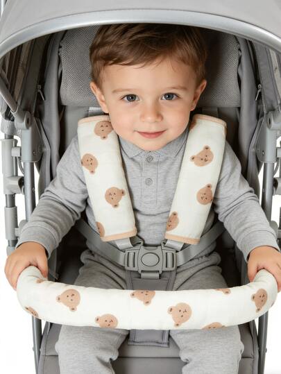[Oeko-Tex] Cubierta para el manillar del cochecito de bebé con estampado de dibujos animados, almohadilla para el hombro reversible, suave y cómoda para uso diario al aire libre