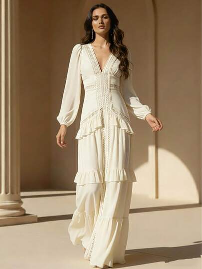 女士春夏优雅纯色荷叶边拼接长袍，V领灯笼袖镂空高腰连衣裙，情人节婚礼宾客蕾丝连衣裙，适合派对、舞会、晚宴等场合，优雅开衩长袍，秋季女装