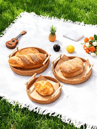 1pc Outdoor Portable Picnic Tray | Handwoven Rattan Dual Handles, Rustic Boho Fruit/Snack Basket & Tea Tray With Insulation Pad