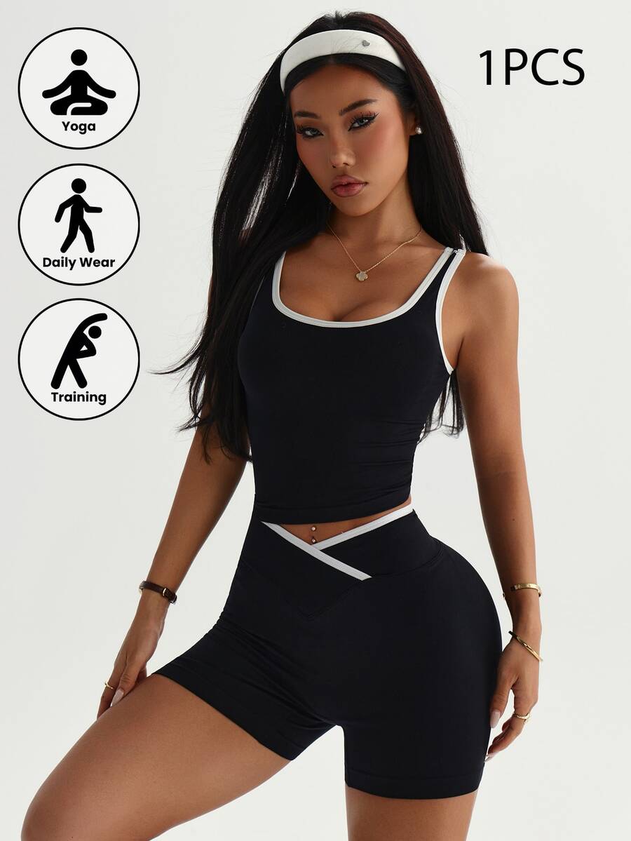 2pcs Women's Sports Set: Off-Shoulder Backless Tank Top + Shorts - Shaping, Slimming, Lifting, Leg Flattering, Suitable For Yoga, Fitness, Outdoor Activities And Casual Wear, Solid Black - Black - View 1