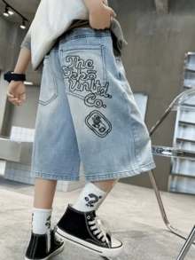 青少年男童新款时尚牛仔七分裤 - 中等水洗藍 - 查看 7