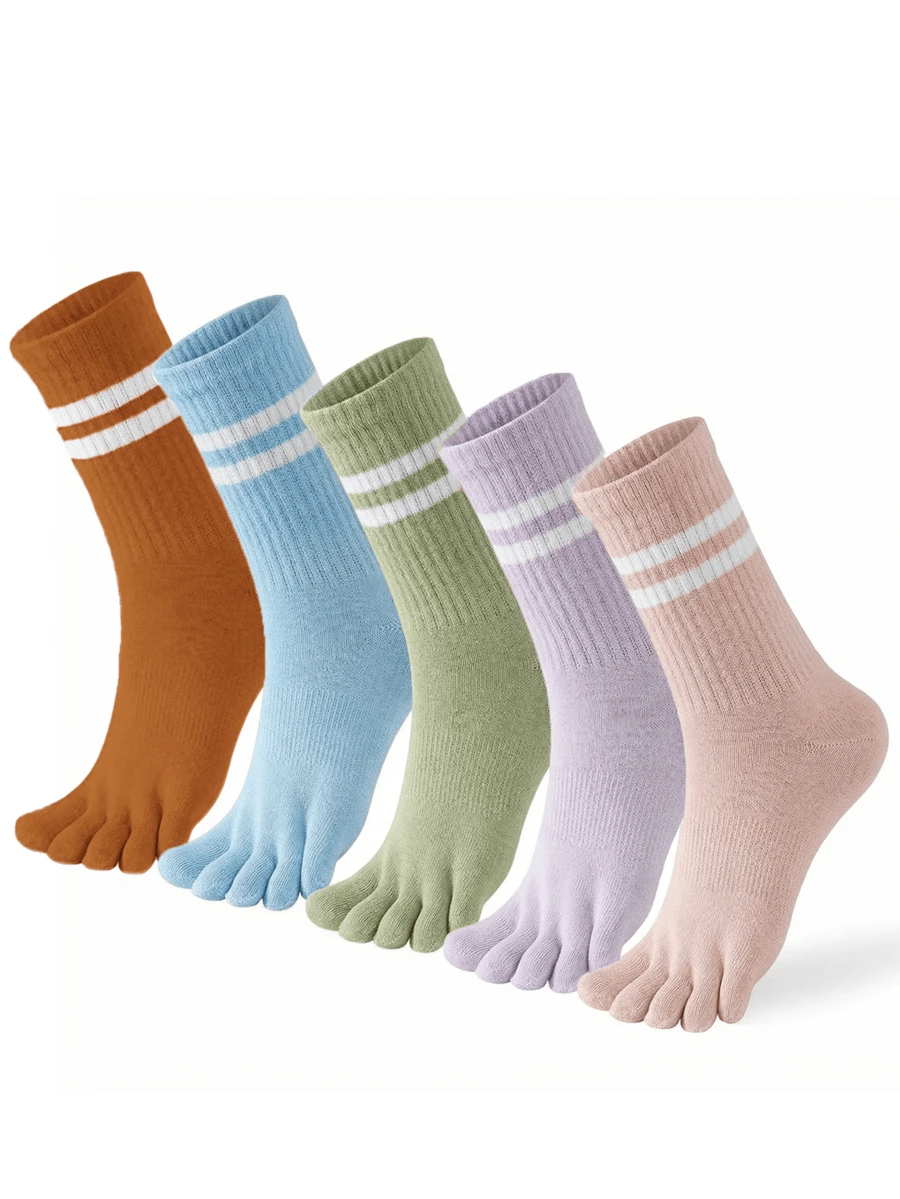 5 Pairs Women's Toe Separator Crew Socks - Solid & Striped Sports Socks, Breathable Stretch For Indoor Workouts & Yoga - 5對 - 查看 1