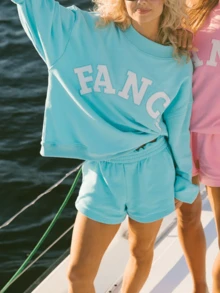 Women Casual Stylish Two Pieces Outfits Shorts Set Fancy Letter Embroidered Long Sleeve Mock Neck Oversized Sweatshirt Pullover Top And Shorts Sweat Set Spring Fall Sweatsuit Tracksuit Loungewear - Blue - View 4