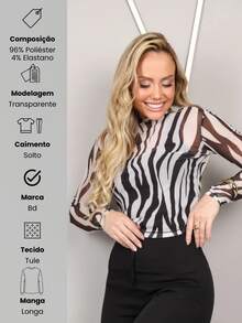 Vicio Fatal Women's Long-Sleeved Tulle Blouse With Elegant Sheer Glitter, Fashionable For Parties, Nights Out, Clubbing, Sophisticated And Modern Feminine Look, Leopard Print. - Ngựa vằn - Xem 3