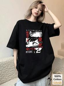 卡通图案短袖中长款T恤，时尚休闲女式上衣，黑色夏季款 - 黑色 - 查看 2