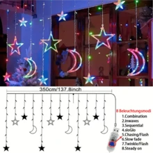 1 Piece Of Starry Moon Curtain Light, Holiday LED Window String Light -3.5m/137.8inch, 8-Mode USB Power Supply, Warm And Colorful, Suitable For New Year's, Festival Celebrations, Parties And Dinners. Gift Creativity, Including Star And Moon Design, Including New Moon And Stars - Suitable For Bedroom Decoration, Party Embellishment Or Gifts - Always On Mode Autumn Lighting - 彩色 - 查看 7