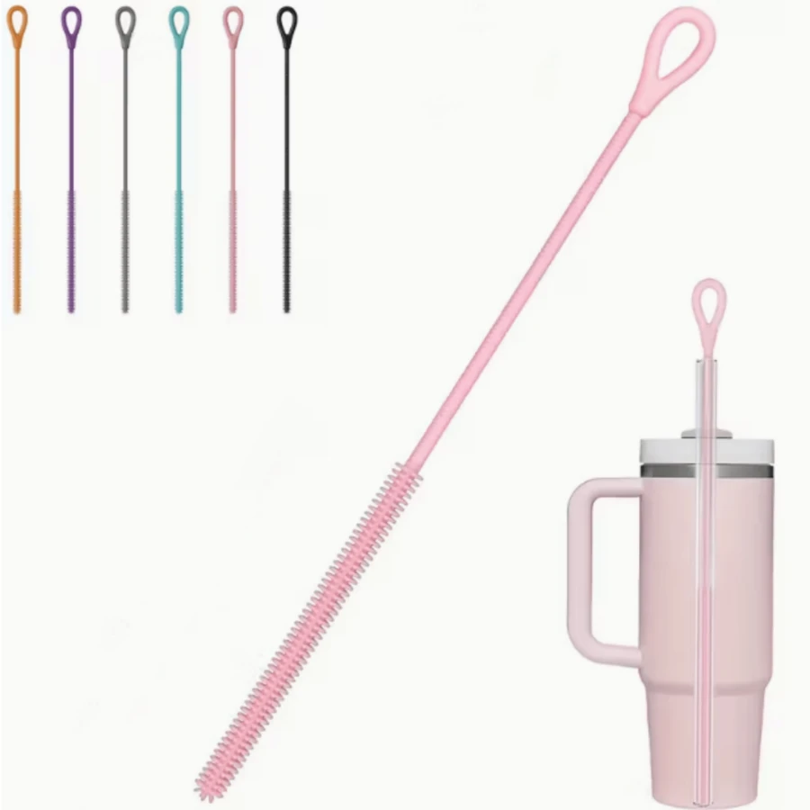 1 Pcs Ultra Long Silicone Straw Cleaning Brush - Suitable For Metal/Glass Straws, Durable And Soft Bristles, Reusable Without Damaging Cup Lids, Kitchen Cleaning Tools (Pink/Black), Practical Design, Sturdy Handle - Hồng - Xem 1