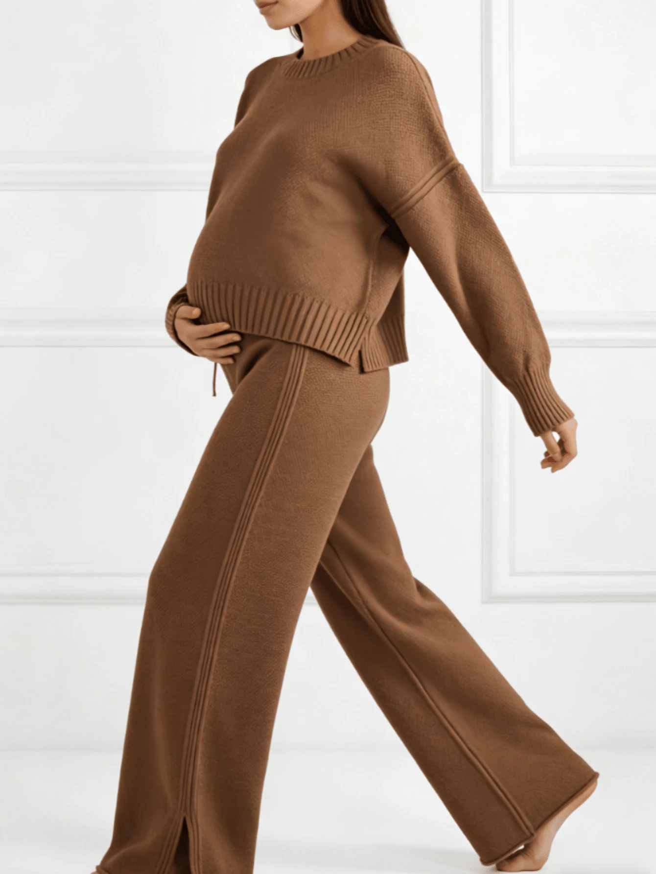 2026 Spring New Large Women's Outdoor Set (Pregnant), Loose Solid Color Knitted Sweater Set For Pregnant Women - Long Sleeve Round Neck Irregular Hemp Sweater And Wide Leg Pants With Split Hem, Autumn/Winter Casual Wear, Casual Sportswear, Suitable For Early/Late Pregnancy | Loose Knitted Set | Comfortable Two Piece Set For Pregnant Women, Women's Knitted Sweater, Women's Sportswear Set, Large Women's Set - 棕色 - 查看 1