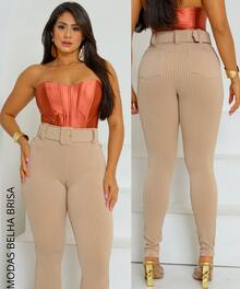 PREMIUM 3D RIBBED SHAPING PANTS WITH BLOGGER BELT - 米色 - 查看 2