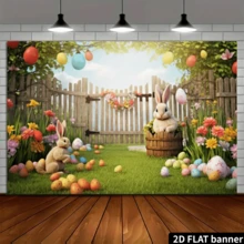 2D 平面复活节派对背景横幅，春季复活节兔子，彩色彩蛋和绿色草地庭院照片背景，复活节兔子，复活节彩蛋寻宝游戏用品，复活节派对装饰 - 彩色 - 查看 5