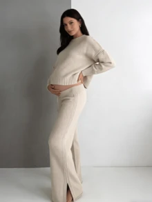 2026 Spring New Large Women's Outdoor Set (Pregnant Women's Edition - Beige Sweater), Loose Solid Color Knitted Sweater Set For Pregnant Women - Long Sleeve Round Neck Irregular Hemp Sports Shirt And Wide Leg Pants With Split Hem, Autumn/Winter Casual Wear, Casual Sports Wear, Suitable For Early/Late Pregnancy | Loose Knitted Set | Comfortable Two Piece Set For Pregnant Women, Women's Knitted Sweater, Women's Sports Set, Large Women's Set - Màu be - Xem 2