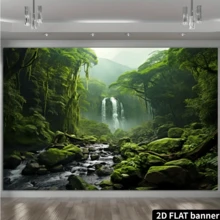 2D Flat Elegant Natural Landscape Background, Evergreen Forest, Jungle, Rocks, Flowing Stream, Rainforest Photography Backdrop, Birthday Party Event Photo Booth Studio Props, Party Supplies - Green - View 4