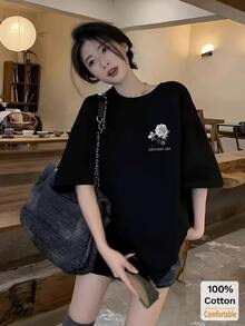玫瑰印花短袖中长款T恤，时尚休闲女式上衣，黑色夏季款 - 黑色 - 查看 3