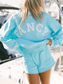 Women Casual Stylish Two Pieces Outfits Shorts Set Fancy Letter Embroidered Long Sleeve Mock Neck Oversized Sweatshirt Pullover Top And Shorts Sweat Set Spring Fall Sweatsuit Tracksuit Loungewear - Blue - View 1