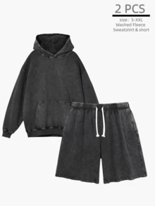 2-Piece Men's Fleece Washed Hoodie Set, With Washed Shorts, Vintage Heavyweight Washed Street Style Men's Sports Suit, Men's Winter Clothing, Men's Gift, Long Sleeved Washed Sports Suit, Unisex,Solid Color - Đen + Đen - Xem 1
