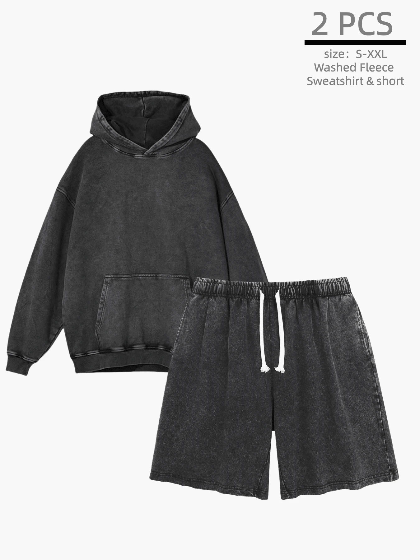 2-Piece Men's Fleece Washed Hoodie Set, With Washed Shorts, Vintage Heavyweight Washed Street Style Men's Sports Suit, Men's Winter Clothing, Men's Gift, Long Sleeved Washed Sports Suit, Unisex,Solid Color - Đen + Đen - Xem 1