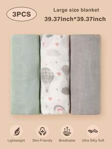 3条装 [Oeko-Tex] 婴儿襁褓毯，热气球纯色，透气柔软，轻盈舒适，适合新生女婴和男婴，充满爱意，情人节礼物 - 彩色 - 查看 1