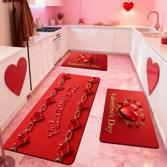1/2/3 piezas Alfombra/Felpudo con diseño de rosa con forma de corazón para el Día de San Valentín, hecho de poliéster, diseño romántico rojo, adecuado para decoración del hogar, decoración de fiesta del festival de primavera, accesorios de cocina, entrada del baño