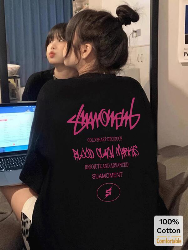 레터 그래픽 반팔 미디 길이 티셔츠, 여성용 패셔너블 캐주얼 상의 블랙 여름