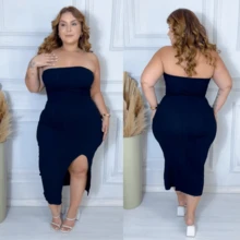 Sexy Plus Size Black Dress With Premium Ribbed Knit Fabric And Leg Slit - 黑色 - 查看 2