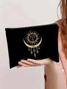 大容量星月印花手提包套装，可单肩背或手提。星月流苏图案黑色帆布单肩包兼化妆包，节日主题旅行收纳包，节日礼物，情人节礼物，多功能手提包 - 彩色 - 查看 13