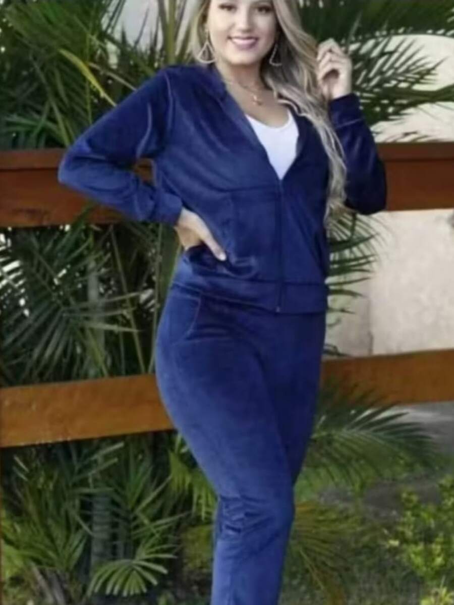 Women's Comfortable Plush Velvet Jacket And Pants Set With Hood And Zipper - Casual - 藏蓝色 - 查看 1