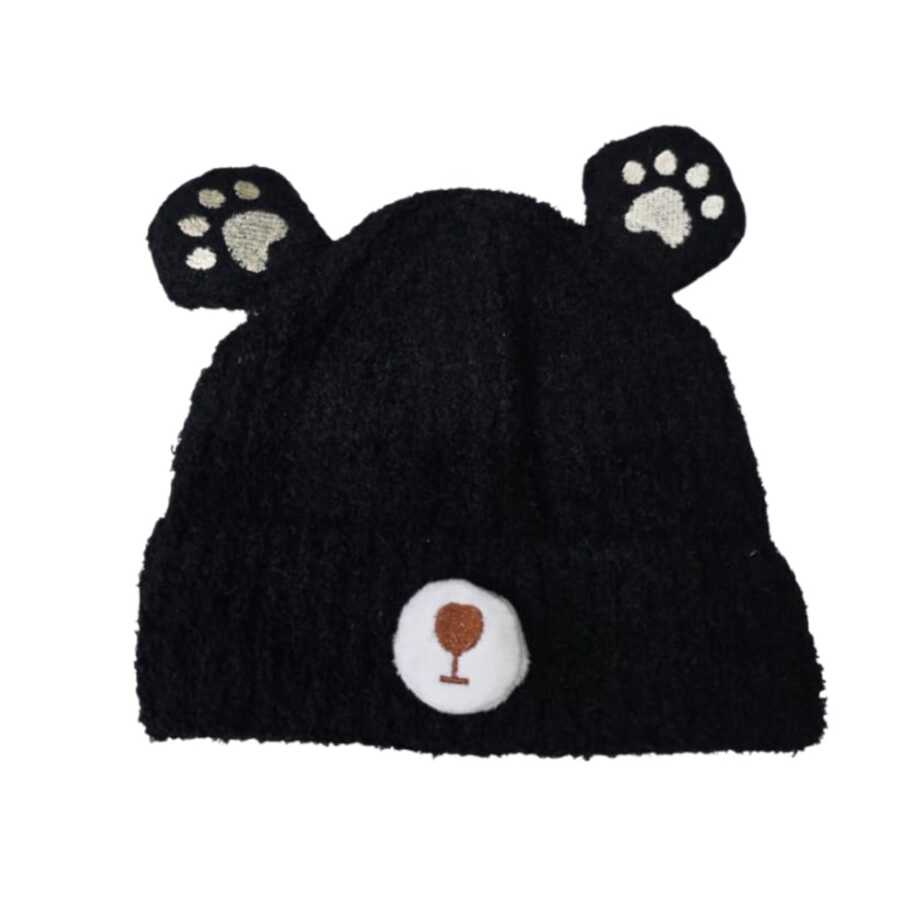 1 pieza de gorro tipo bonete para niños con orejas decorativas de osito, diseño cómodo y cálido para temporada invernal y uso diario - Negro - Ver 1