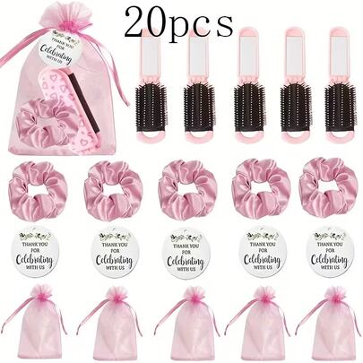 Brodark 4/20pcs Set Includes Pink Heart Pattern Folding Hair Brush, Mirror, Cards, Drawstring Pouch, And Hair Ties, Suitable For Women, Bridesmaids, Wedding Gifts, Wedding Celebrations, Birthday Parties, Valentine's Day