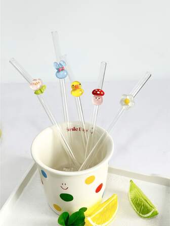 Pajitas de vidrio resistentes al calor con diseños de animales lindos, anti-escaldadura y anti-lápiz labial, para leche, té, jugo y batidos, reutilizables y curvadas, ideales para bebidas frías de verano