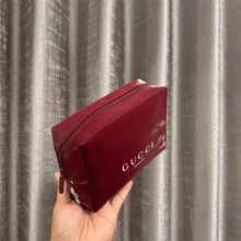 Women's Red Glossy PU Makeup Bag With GUCCI Beauty Logo Large Capacity Cosmetic Pouch Travel Toiletry Organizer For Daily Use - Burgundy - View 2