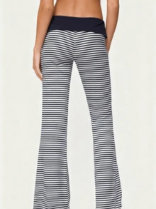 Womens Foldover Pants - Ultra Soft Stratum Tech Performance Striped Elastic Mid Rise Wide Leg Casual Lounge Yoga Pants - Dark Blue - View 5