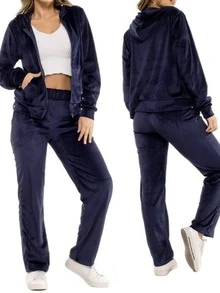 Women's Comfortable Plush Velvet Jacket And Pants Set With Hood And Zipper - Casual - 藏蓝色 - 查看 2