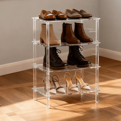 4-Tier Acrylic Transparent Shelf, Suitable For Bedroom Window Sill / Bedside Gap, Can Hold Slippers, Towels, Books, Boots, Convenient For Small Apartment Dwellers, Easy To Assemble, Keeps Home Corner Tidy And Expands Storage