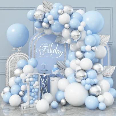 Blue White Balloon Arch Kit Baby Blue White Silver Balloon Garland 4D Silver Foil Balloons Pastel Light Blue Silver Latex Balloons Christening Boy Birthday Shower Party Decorations