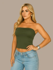 2 Cropped Tube Top For Women, Strapless And Without Padding, Basic, Double Layer Of Spandex, Slim Fit Shaping Top, Strapless - Navy/green - View 6