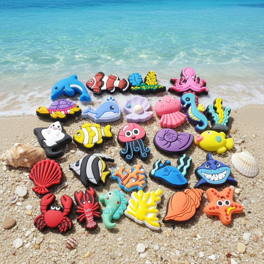 26pcs Assorted Marine Life Cartoon Animal Patterns Shoe Charms Multicolor Vibrant Summer Beach Style Clog Decoration Accessories Suitable For Holes Shoes