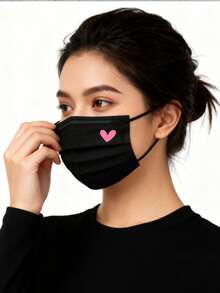 10/20/30pcs Set Cute Pink Heart Print Face Masks - Elastic Breathable Black Masks, Suitable For Women & Teens, Washable, Fashionable Daily Accessory, Interesting Design, Comfortable To Wear,Valentine's Day Costume