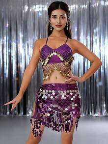 Belly Dance & Carnival Party Bra & Hip Scarf Set Halter Neck With Sequin Coin Tassel Dance Practice & Stage Party Outfit (Multiple Colors Available) - Multicolor - View 11