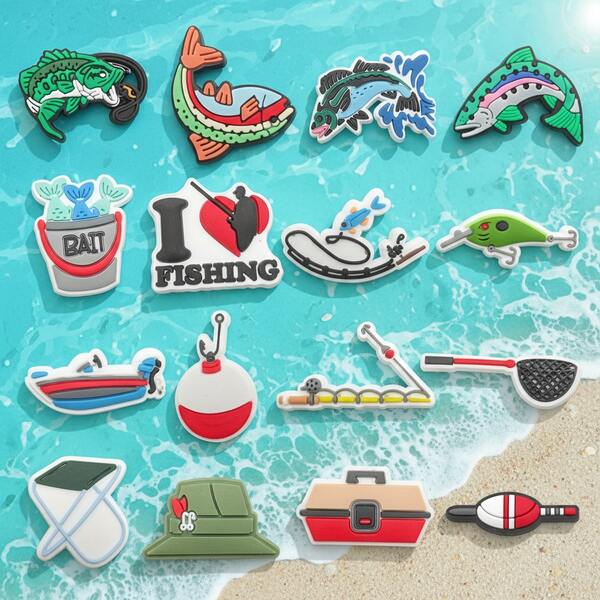 16pcs Outdoor Sport Angling Theme Shoe Charms Multicolor Clog Decoration Durable Soft Plastic Casual Style Accessories Set For Clogs And Sandals