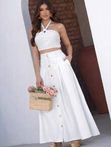 Women's Set: Long Skirt With Buttons And Pocket, Cropped Halter Top, Candy Colors, Fashion 2025, Elegant, Casual, Chic. - 白色 - 查看 1