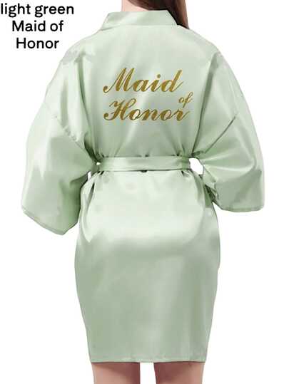 1pc Gold Letter Print Wedding Party Robe, Kimono Style Sleepwear, Bridesmaid Robe, Maid Of Honor Dress, Suitable For Bride, Bridesmaids, Vacation, Party, Wedding, Holiday Party, Birthday Party And Other Occasions Bathroom Decor