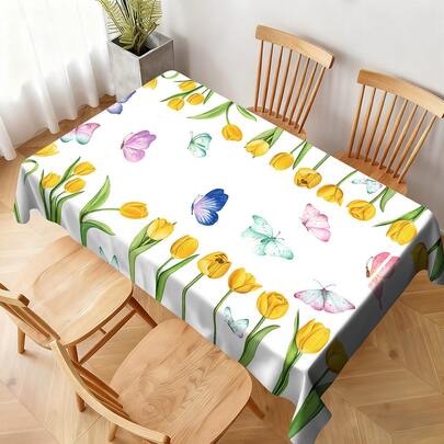 1/20PCS Spring Tulip Butterfly Table Cloth, Polyester Table Cover For Kitchen Dining Tabletop, Suit For Holiday Party Camping Picnic Dinner Decor, Daily Use, Machine Washable, Easy To Clean