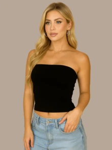 2 Cropped Tube Top For Women, Strapless And Without Padding, Basic, Double Layer Of Spandex, Slim Fit Shaping Top, Strapless - Navy/black - View 8