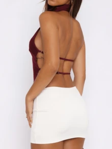 Women's Halter Neck Satin Tops Sleeveless Backless Solid Color Slim Fit Tops Summer Shirts - Burdeos - Ver 4