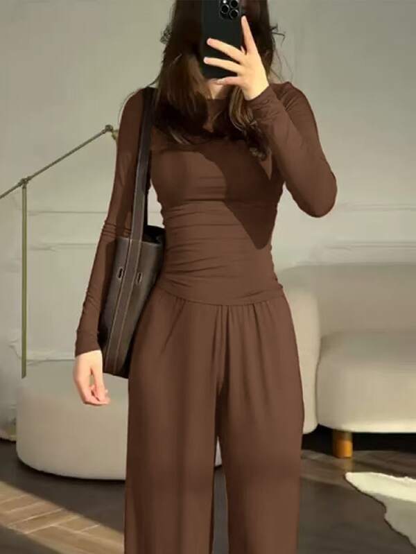 1pc Women's Solid Color Round Neck Long Sleeve And Long Pants Casual Comfortable Lounge Set