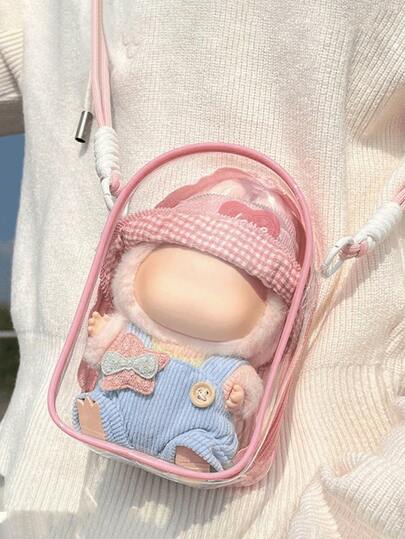 1个透明保护袋，带挂绳，防尘时尚怪兽收纳展示盒，适用于娃娃，防刮收藏盒，防水PVC收纳盒，可用于收纳娃娃、耳机线等，特别适合作为情人节/圣诞节/新年/派对/返校礼物（不含娃娃）